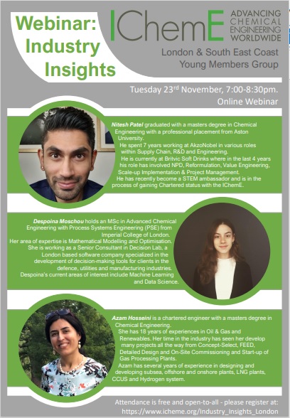 Join our industry insights webinar on 23rd November at 19:00 to find out about these successful chemical engineers career paths 🌟🌟🌟. Register in the link: icheme.org/membership/com…