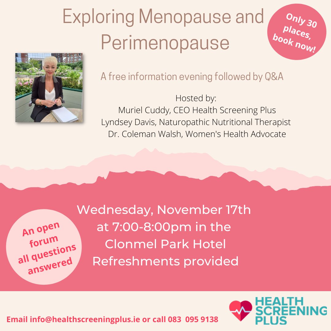 ScreeningCare's tweet photo. Join us next Wednesday evening in the Clonmel Park Hotel for our Menopause Information Evening. The information evening is free of charge, but booking is required. Please book via the link below. Only 30 places available.

We'll see you there! 

https://t.co/x1UsseGkfT https://t.co/G71ikaCzJu