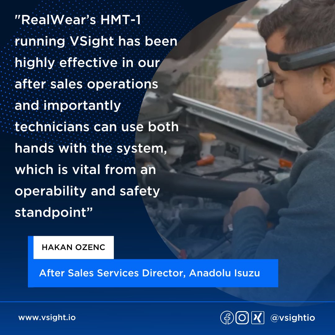 vsightio's tweet photo. We announce that @AnadoluIsuzu has increased its productivity by deploying VSight’s Remote collaboration software on @realwearinc 's ar devices for its technicians #automotivetechnology #wearabletech #ar #augmentedreality #remotemaintenance #assistedreality #remoteassistance https://t.co/JnTSVLfkPy