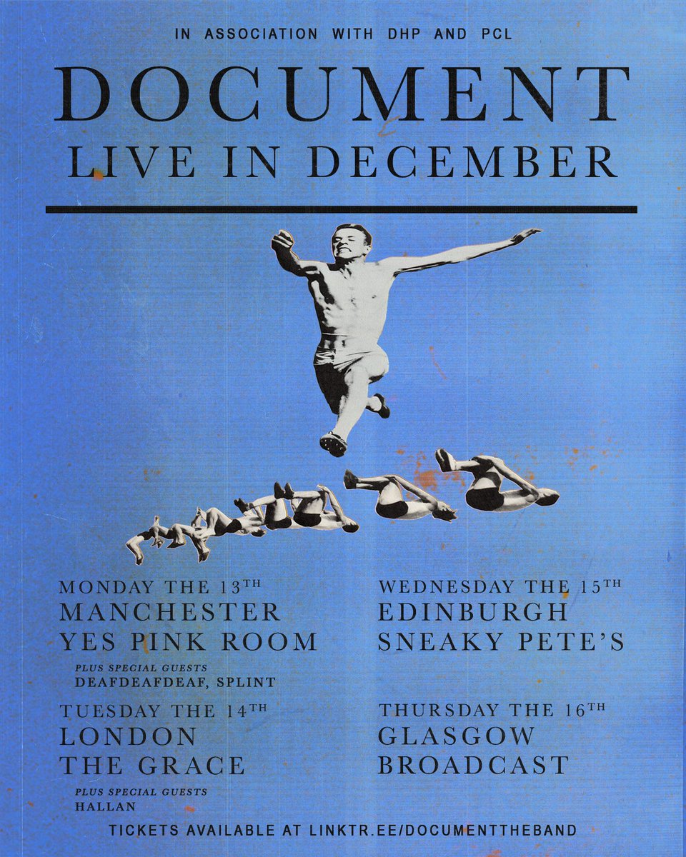 happy to announce we’ll be hitting the road with <a href="/deafdeafdeaff/">DEAFDEAFDEAF</a>, splint, and @hallanband next month for our live in december stretch.

scottish supports to follow very soon, so keep your eyes peeled x

tickets available here: linktr.ee/documenttheband