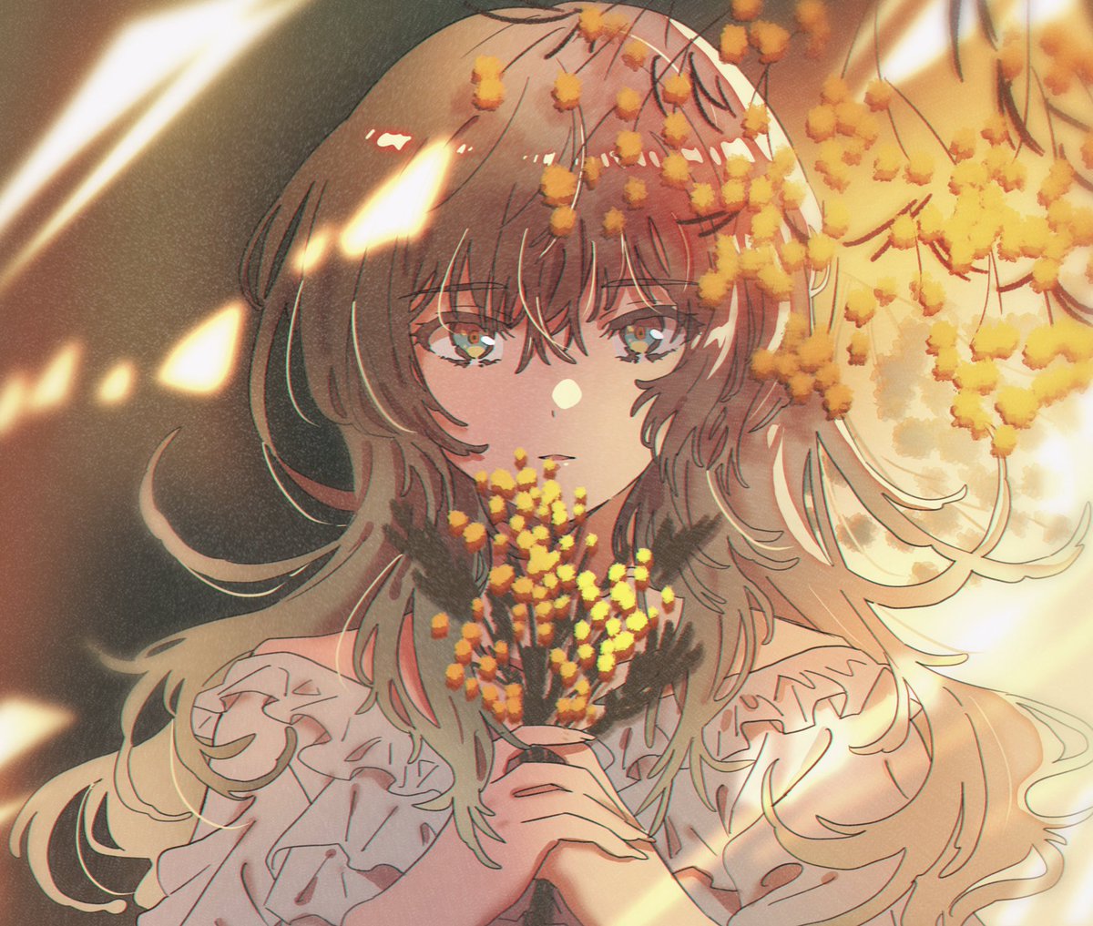 1girl solo flower holding flower brown hair holding looking at viewer  illustration images