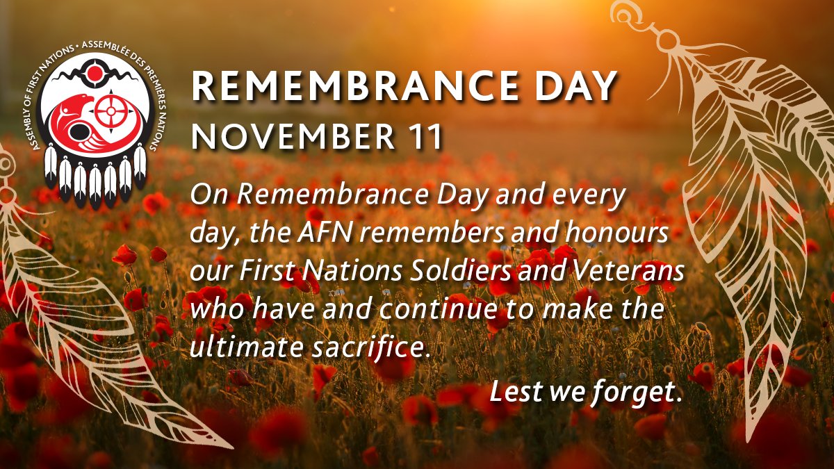 AFN_Updates's tweet photo. Today, the AFN will observe a moment of silence to reflect on the brave sacrifices made by First Nations Soldiers and Veterans. #LestWeForget #RemembranceDay https://t.co/By3At7kIOt