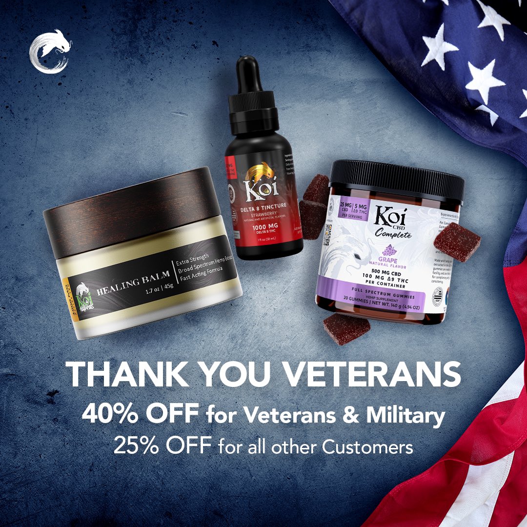 KoiCBD's tweet photo. Thanking our Veterans today with 40% site wide!

Plus - 25% off for all other customers! Shop now https://t.co/2lff1xtlAi https://t.co/JYx1wJEAGF