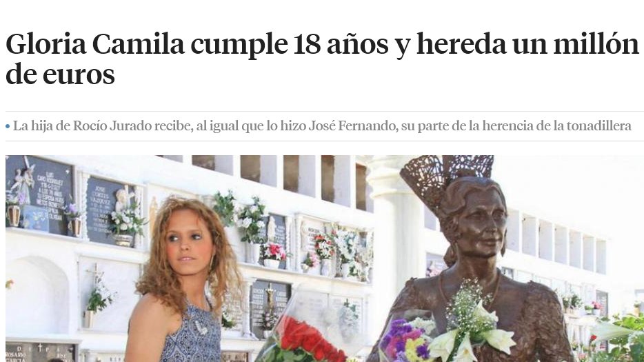 _WalkWalk_'s tweet photo. Rocío Jurado fue muy generosa en su testamento

21/02/2014. Gloria Camila cumple 18 años y hereda un millón de euros. Gloria Camila la legitima la heredarán a la edad de 25 años.
¿Gloria Camila tiene 25 años cuando ha heredado de la legitima?
 #APOYOROCIO11N 
 #APOYOROCIO12N https://t.co/llAApHAKQz