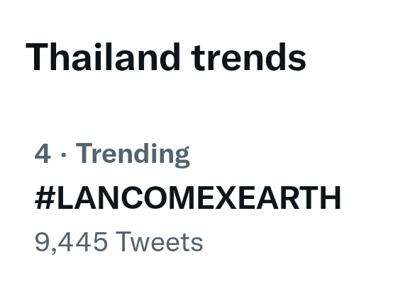 EarthMix_Trends's tweet photo. สรุปข้อมูลแฮชแท็ก 21.00 น. (BKK) 

📍  #LANCOMEXEARTH
一 Currently trending at
#4 Thailand
一 Started trending about 3 hours  with 68.7K tweets ago.

ขอบคุณทาง @lancometh ที่ชวนคุณเอิร์ท มาร่วมงานในวันนี้นะคะ และขอบคุณชาวโลกทั้งทีมหน้าจอและหน้างานเลยน้า🤎🌎

#EarthPirapat #ชาวโลก https://t.co/WjKS6sdFSe