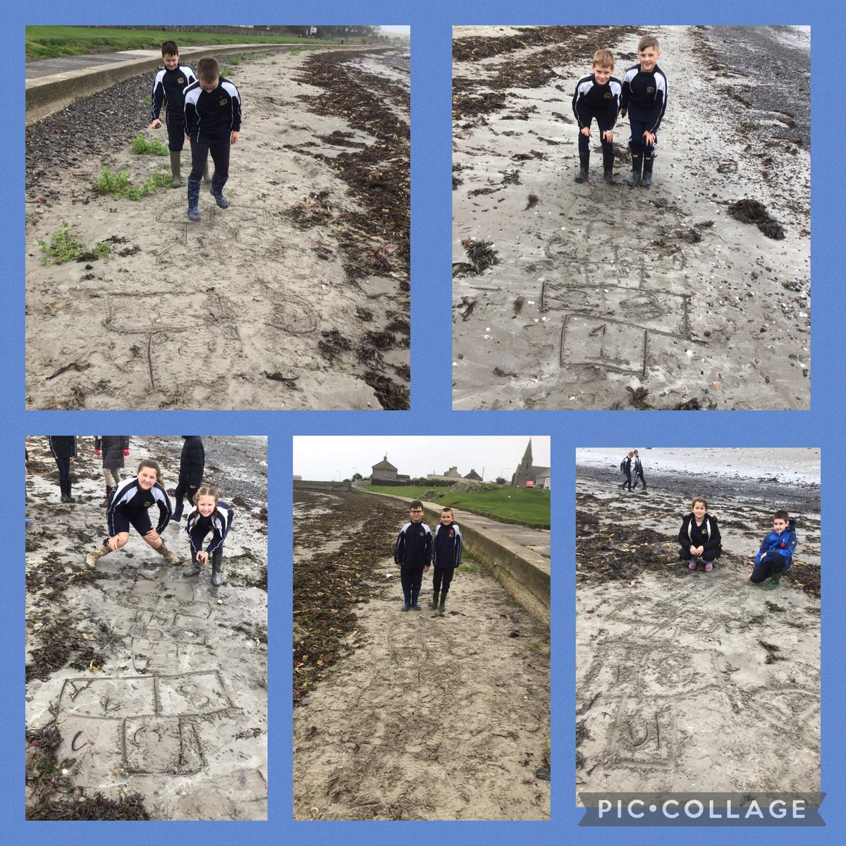 bps_p6's tweet photo. At beach school today, P6 drew a hopscotch grid and then played on it. For those who didn’t know how to play hopscotch, now do! @beachschoolsuk @BallywalterPS @OutdoorClassUKI #beachschool #teamwork #P6rocks https://t.co/YaeeGpeoaq