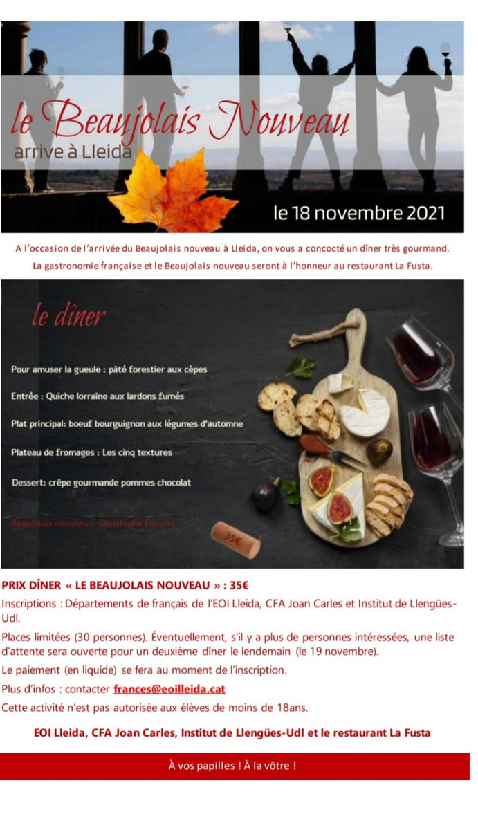 Le Beaujolais nouveau arrive à Lleida le 18 novembre.  Envie de partager avec vous cette soirée et de le goûter ensemble!!  🇫🇷  🍇🍷  
#beaujolaisnouveau #beaujolaisnouveau2021 #lebeaujolaisnouveau #18N #18novembre #cfavictorinavila #fadults #comunidadEPA #fadultos