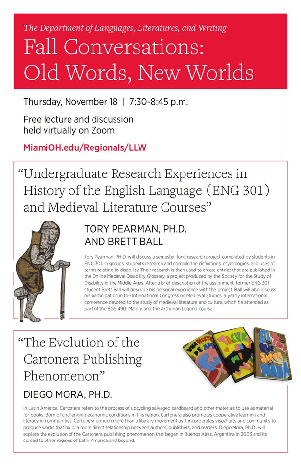 MiamiOH_LLW's tweet photo. Join us for "Fall Conversations: Old Words, New Worlds" on Thursday, November 18th from 7:30-8:45pm!  

Send us a direct message for the Zoom link. https://t.co/rA5yzD5id4