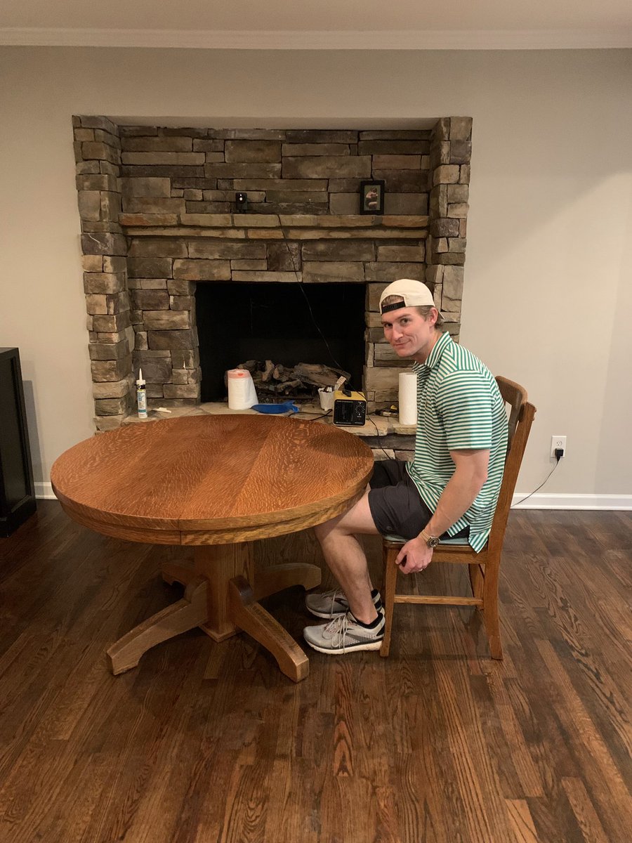 katieeoconnor19's tweet photo. My parents gave us a dining room set that originally belonged to my great grandfather, who immigrated from Italy. I was excited to use this antique family heirloom in our new home. Only to find out that Graham is much larger than the Italians of 100 years ago: https://t.co/DtbMNVbtdd