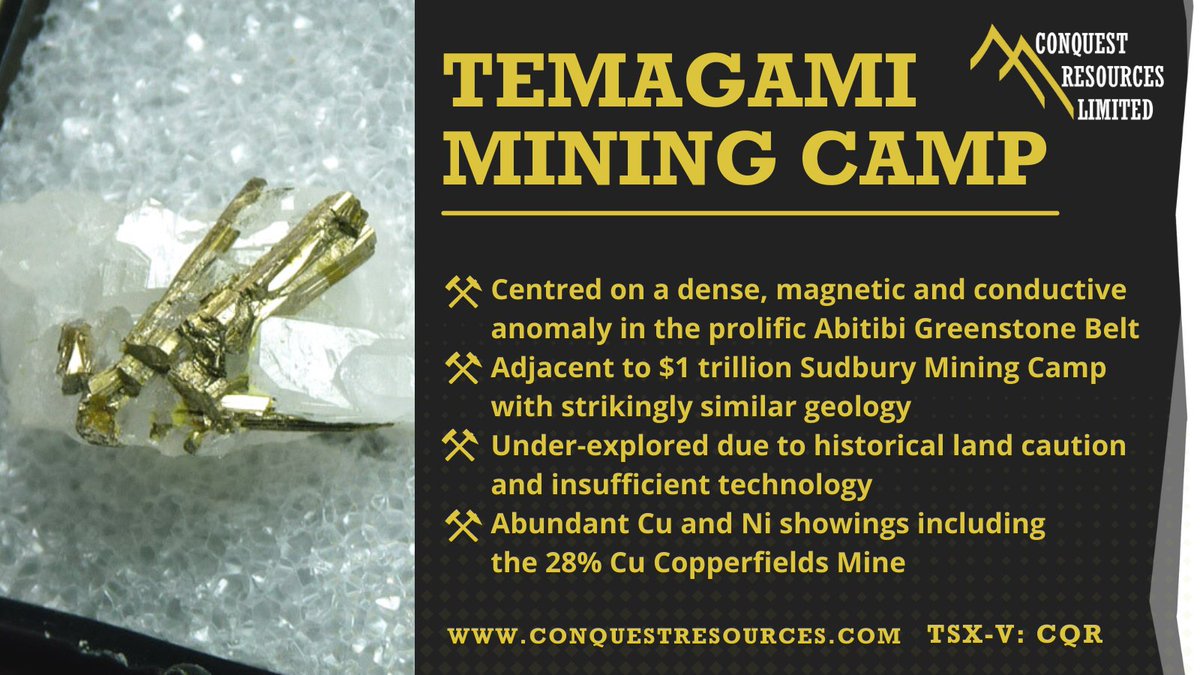 ConquestRes's tweet photo. $CQR aims to be the first to discover polymetallic deposits in the under-explored Temagami Mining Camp.

#ConquestResources #Copper #Gold #JuniorMining #BelfastTeckMag #Canada https://t.co/H8kaNSouw2