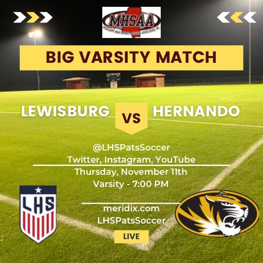 LHSPatsSoccer's tweet photo. ⚽️ 🚨 GAMEDAY 🚨 ⚽️

🆚 Hernando HS
📍 Lewisburg HS
⏰ 7:00 PM
🏆 #UnfinishedBusiness

💻 https://t.co/mzQn9OSfUi https://t.co/tMHvZ8iM7L
