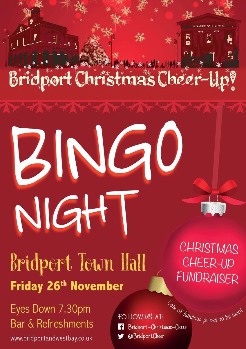 BridportCheer's tweet photo. To get everyone in the Christmas spirit, we will be holding our very popular Bingo Night on Friday 26 November in Bridport Town Hall.  Bar and refreshments available and lots of great prizes!  We hope you can join us! https://t.co/c781CUfa9C