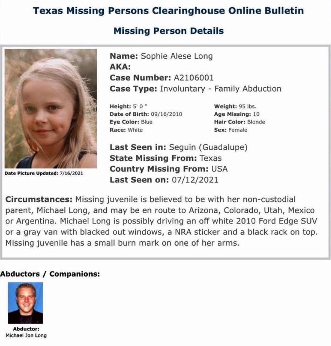 GabbsJustice's tweet photo. Please help us find #SophieLong! She has been missing since 7/12/21 &amp; was last seen in Texas. Please contact #TexasMissingPersonsClearinghouse with any information: 512-424-5074. Thank you! https://t.co/FDQYKSClL6