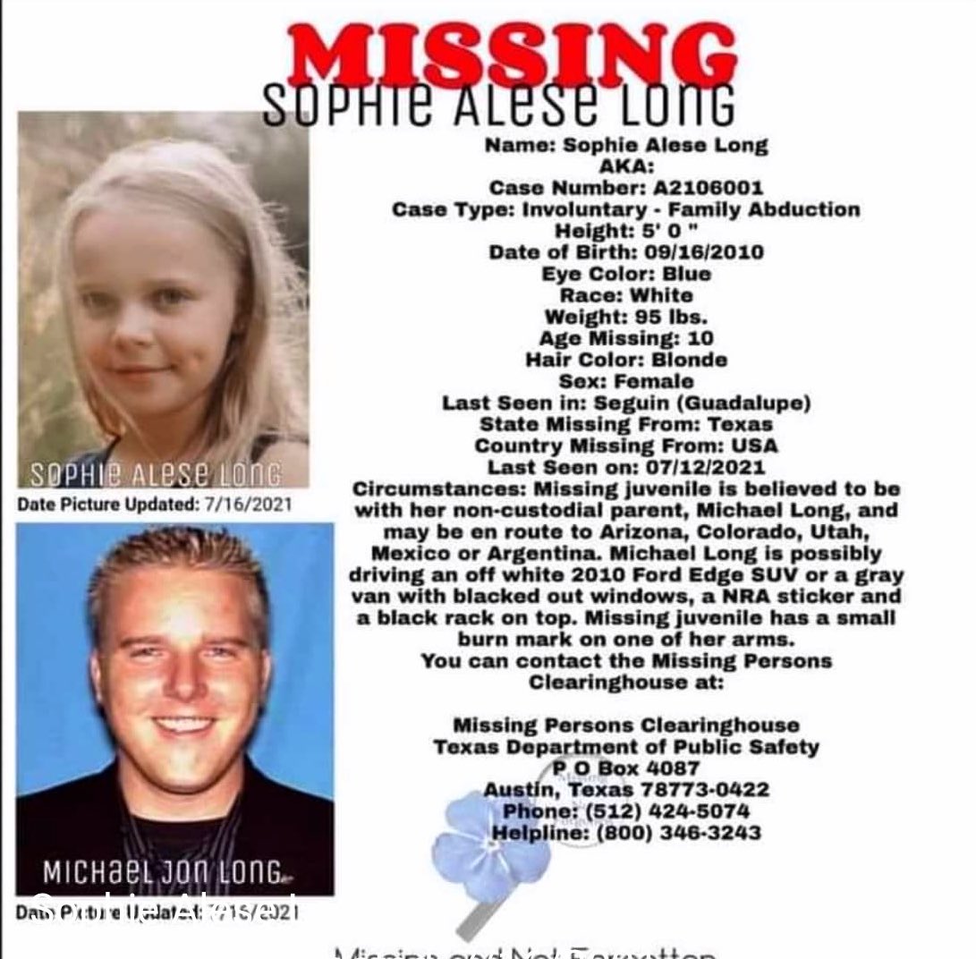 GabbsJustice's tweet photo. Please help us find #SophieLong! She has been missing since 7/12/21 &amp; was last seen in Texas. Please contact #TexasMissingPersonsClearinghouse with any information: 512-424-5074. Thank you! https://t.co/FDQYKSClL6