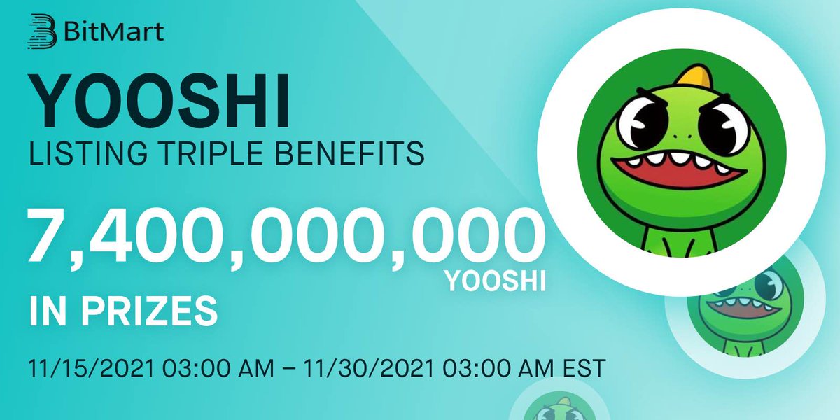 🔔 YooShi (YOOSHI) <a href="/yooshi_official/">YooShi</a> will list on November 15, 2021 EST! 

🎉  To celebrate the listing of YOOSHI, we are giving away 7,400,000,000 YOOSHI in our YOOSHI Social Media Airdrops, Buy &amp; Earn, and Trading Competition Events!

👉 Details: support.bmx.fund/hc/en-us/artic…