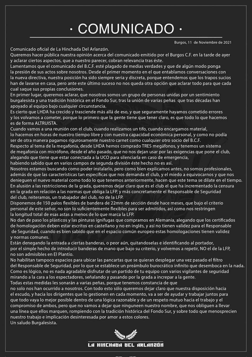 LHDABURGOS's tweet photo. Comunicado oficial de LHDA respecto al comunicado que emitió el Burgos CF en la tarde noche de ayer. https://t.co/UCWrpQ1QH4