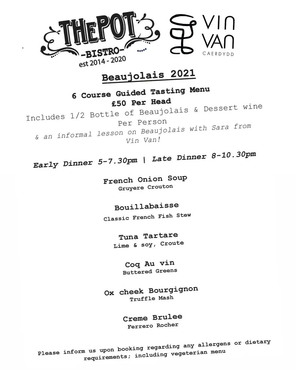 🇫🇷🍷 ONE WEEK TO GO 🍷🇫🇷
Limited tables available for our special collaboration for #beaujolais day with @vinvancaerdydd ...
If I didn't have to work it I would SO be going! 

Last chance, possibly EVER, to try Rhys' taste tingling French cuisine...if you know, you know 😋