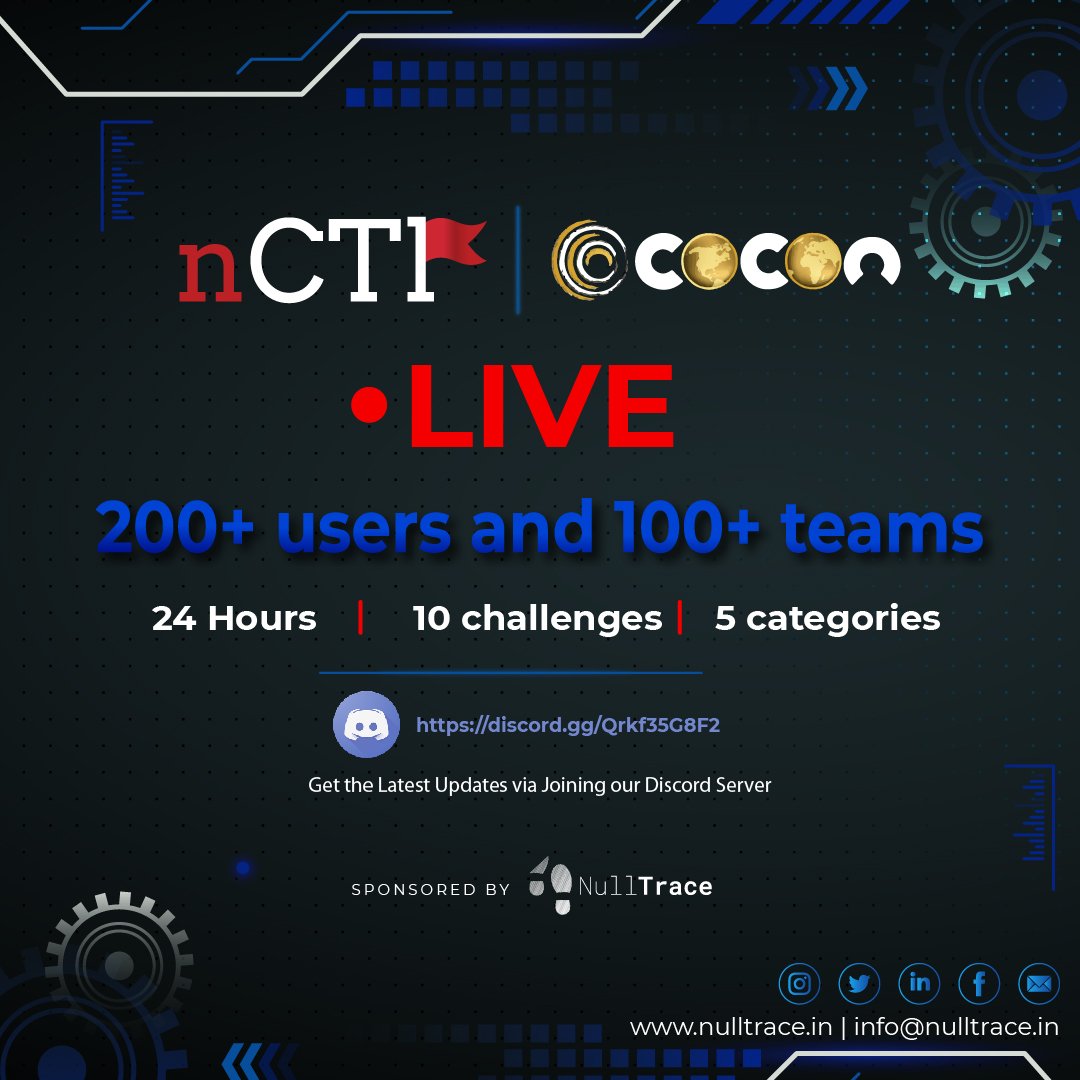 _nulltrace's tweet photo. nCTF is LIVE! 🤯

NullTrace at c0c0n 2021 has organized a CTF event where people are competing with worldwide enthusiasts! 🧑‍💻 We have planned to provide discount coupons to c0c0n participants and winners Training!

Discord:
 https://t.co/A77EKbHONF

@_c0c0n_ 
#ctf #redteam #nctf https://t.co/J5Y6dKajRf