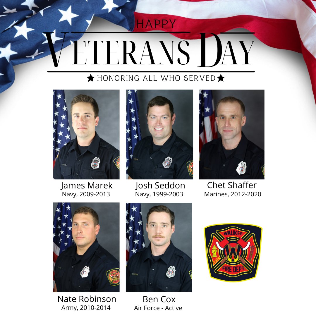 WaukeeFire's tweet photo. On Veterans Day and always, we are incredibly grateful for those who serve this country through military service. Thanks especially to the Waukee FD's active duty and military veterans! https://t.co/xhPRUPbTbR