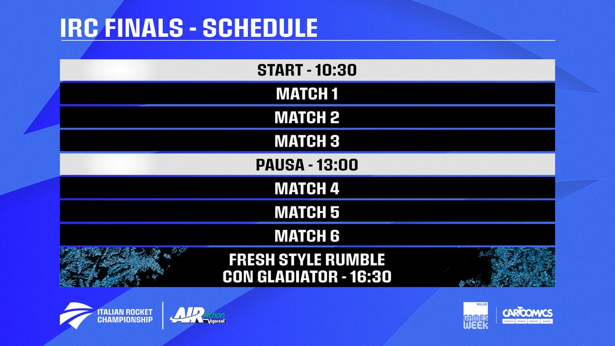 PGEsportsIT's tweet photo. 🥁 DOMENICA È IL GRANDE GIORNO! 🥁
Beccatevi il programma della finale dell' #ItalianRocketChampionship 🔥
Vi aspettiamo direttamente alla Milan Games Week o sul nostro canale Twitch ➡️  https://t.co/lBMFflYPUn 

#rocketleague @vigorsolitalia #keepitfresh #freshstylerumble https://t.co/5SbWthijSJ