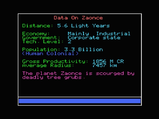 FrontierAstro's tweet photo. #MSXElite was an excellent colourful version of the game with a wide variety of ships, but for some reason the system description algorithm ran differently to other 8-bit versions, altering the details of locations such as Zaonce shown hereπ€·ββοΈ https://t.co/5hI6Fnh90Y