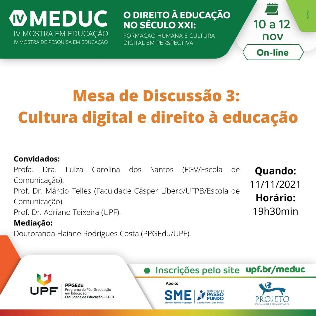 edecomunicacao's tweet photo. Hoje, às 19h30, o @tellesjornal e a @luizacdsantos vão partir da IV MEDUC na @UniversidadeUPF na mesa "Cultura Digital e Direito à Educação". A mesa conta também com o professor Adriano Teixeira e pode ser assistida em: https://t.co/D1axYI6upW. Não perca! https://t.co/bu0fH2tLc8