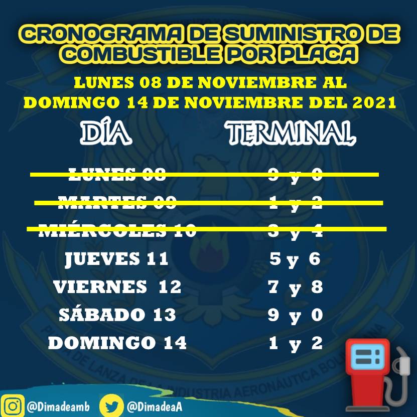 DimadeaA's tweet photo. #11NOV || La #DimadeaAMB te presenta el Cronograma de Suministro de #Combustible ⛽ por placa desde el Lunes 08 de Noviembre al Domingo 14 de Noviembre de 2021.
#DimadeaAMB
#VenezuelaMusical https://t.co/RQq7Jwv2R8