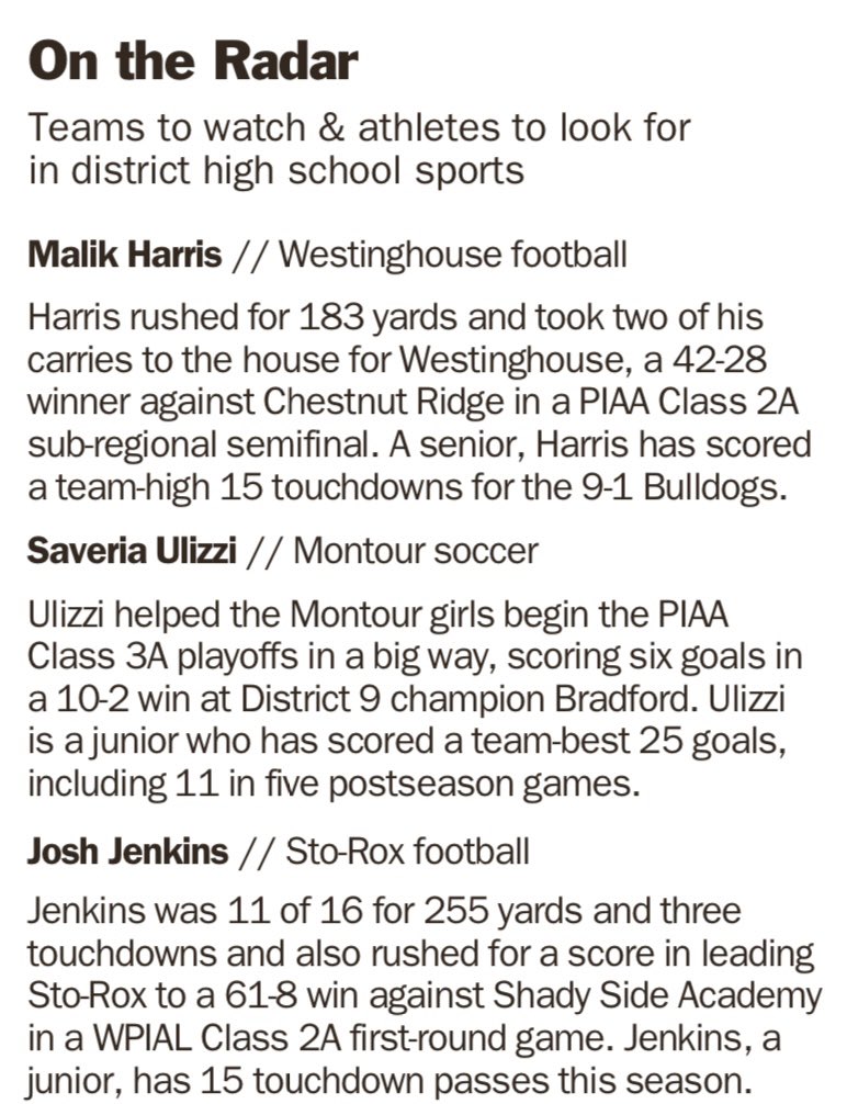 This week’s <a href="/PGVarsityXtra/">PG Varsity Xtra</a> On The Radar featuring Westinghouse’s Malik Harris, Montour’s Saveria Ulizzi and Sto-Rox’s Josh Jenkins.