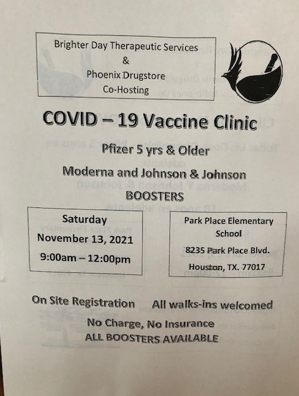 ParkPlaceWrap's tweet photo. THIS SATURDAY Nov 13th!! COVID - 19 Vaccine Clinic at Park Place Elementary 8235 Park Place Blvd. From 9 am - Noon. Pfizer for 5 yrs &amp; Older. All boosters available, Pfizer, Moderna, and Johnson &amp; Johnson.  Walk-ins welcome. @parkplacees @ParkPlaceWrap https://t.co/tFGHcQlUrR