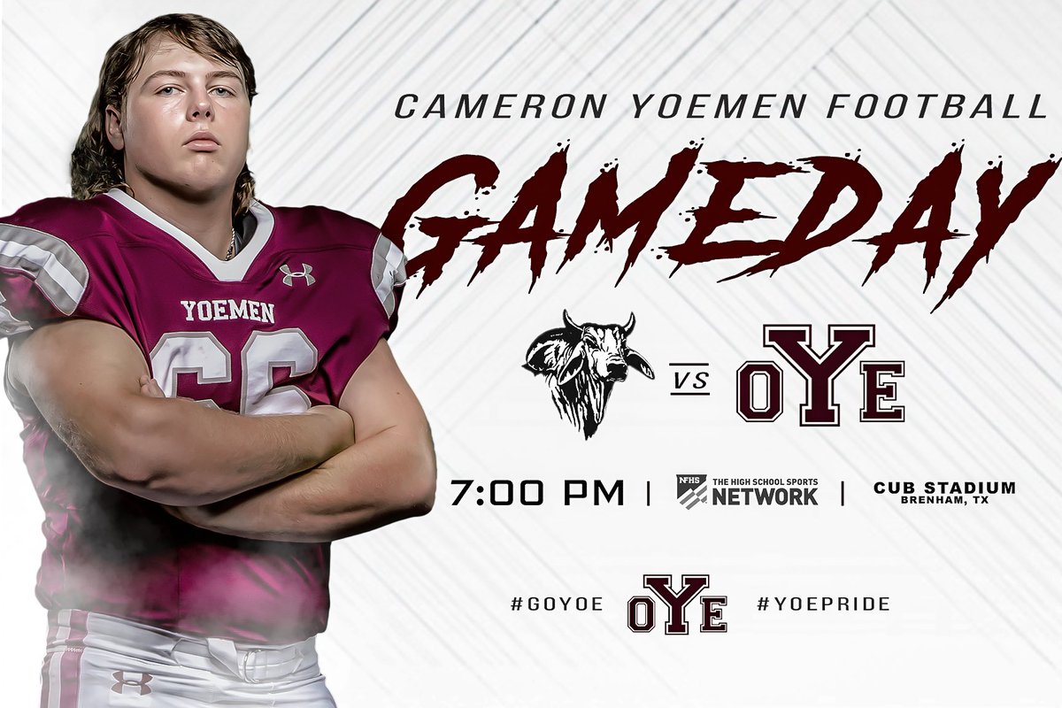 yoefootball's tweet photo. IT’S GAME DAY YOE NATION!! Our Bi-District playoff game kicks off at 7:00pm tonight against the Hallettsville Brahmas at Cub Stadium in Brenham, TX. Make plans to come out and cheer the Yoemen on to a victory! #YPND @CHYoeHighSchool @1051theranch https://t.co/X2FQL3ffSr