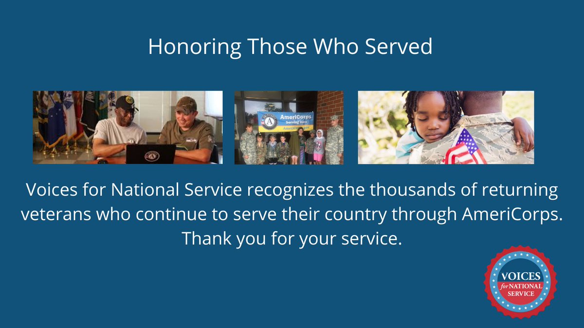 Voices4Service's tweet photo. More than 20,000 veterans serve in @AmeriCorps & @AmeriCorpsSr each year, applying the skills they acquired in the military to address pressing needs at home. This Veterans Day, & always @Voices4Service values the contributions of those who serve. #VeteransDay2021 #VetsInService https://t.co/p3O97D4VrI