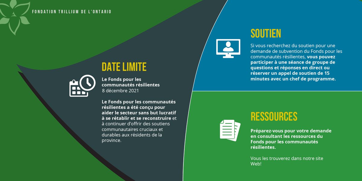 La Fondation Trillium de l’Ontario propose à présent des soutiens relatifs aux demandes et des ressources mises à jour pour la prochaine date limite de soumission des demandes de subvention du Fonds pour les communautés résilientes. Info : otf.ca/fr/nos-subvent…