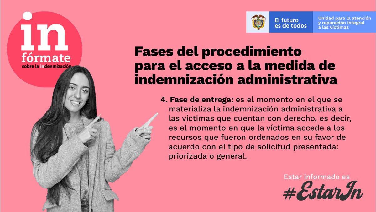 UnidadVictimas's tweet photo. Con la fase 4 se materializa la indemnización administrativa que se entrega a las víctimas que cuentan con el acto administrativo donde se les reconoce la medida de indemnización. #EstarInformado #RetoUnidos #UnidosPorLasVíctimas🫂 https://t.co/SzHTPTaaSI