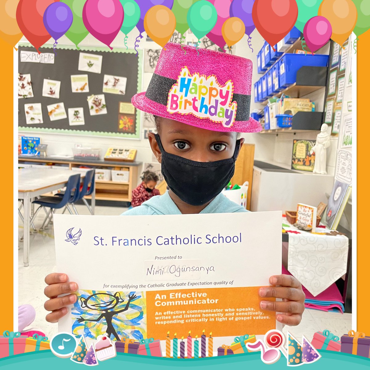 teachingwithtlc's tweet photo. Not only was is it Nimi’s Birthday this week but she is also our class winner of the Effective Communicator award 🎉 #happybirthdayNimi 🎈#CatholicGraduateExpectations 🏆 https://t.co/dQGOzxryMM