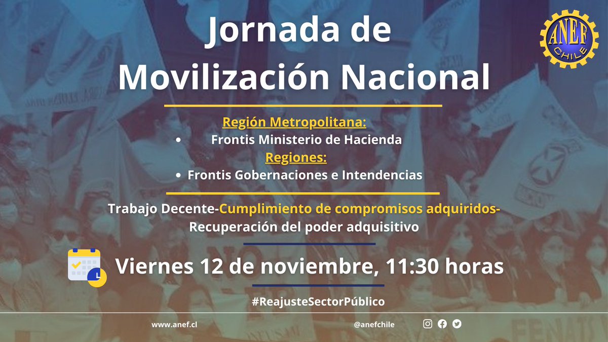 📢#ReajusteSectorPúblico | Las organizaciones de la #MSPCUT convocan a una Jornada de Movilización Nacional.
🗓️Viernes 12 de noviembre
⌚️11:30 horas
📍 Región Metropolitana: Ministerio de Hacienda
📍Regiones: Gobernaciones e Intendencias 
📣¡Inicio de la negociación ahora!