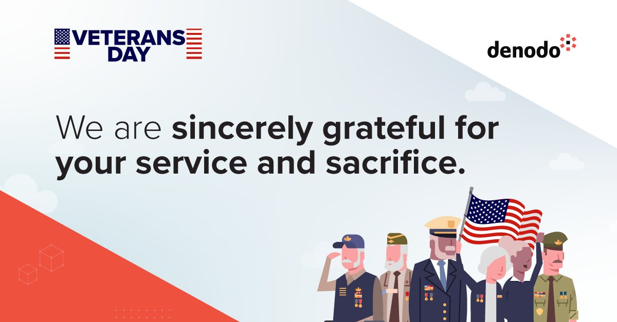 denodo's tweet photo. Words are not enough to express the gratitude we hold in our hearts for our veterans. We are certain it comes with many sacrifices and we thank you and your family each and every day for your service. From #Denodo, happy Veteran's Day! #thankyouveterans #veteransday https://t.co/VNYfapLLSo