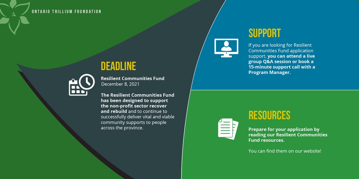 The Ontario Trillium Foundation has launched application supports and updated resources for the upcoming Resilient Communities Fund application deadline. Learn more: otf.ca/our-grants/res… #ResilientCommunities
