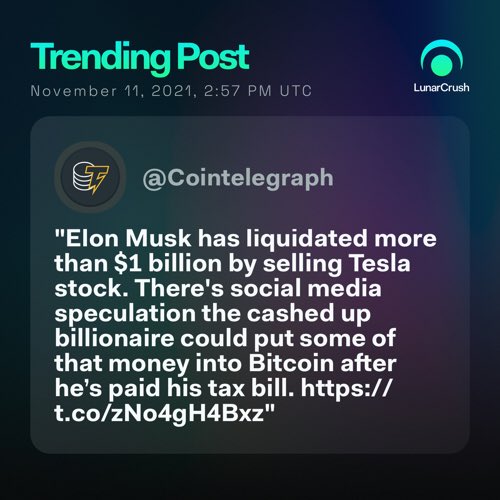 Trending on #LunarCrush:

"Elon Musk has liquidated more than $1 billion by selling Tesla stock. There's social media speculation the cashed up billionaire could put some of tha..." via <a href="/Cointelegraph/">Cointelegraph</a>

Top coin mentions
$btc

lnr.app/s/YB33gl #LunarShare