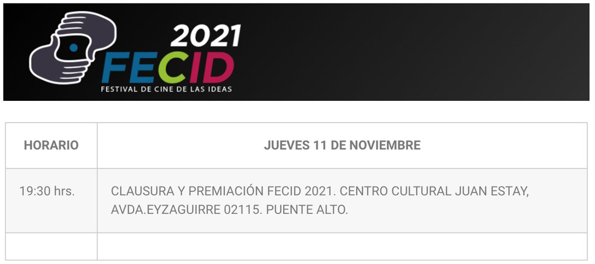 FECID_Cine's tweet photo. HOY A LAS 19:30 HR. CLAUSURA Y PREMIACIÓN FECID 2021. CENTRO CULTURAL JUAN ESTAY,
AV. EYZAGUIRRE 02115. PUENTE ALTO. FECID CINE 
@prismadistribucion @fcomuc  @cineuv @umayorcine  @cavsduocvina @fcom_uandes @fcomudd  @audiovisual_st  @cineycavarcos https://t.co/J2om9MmX83