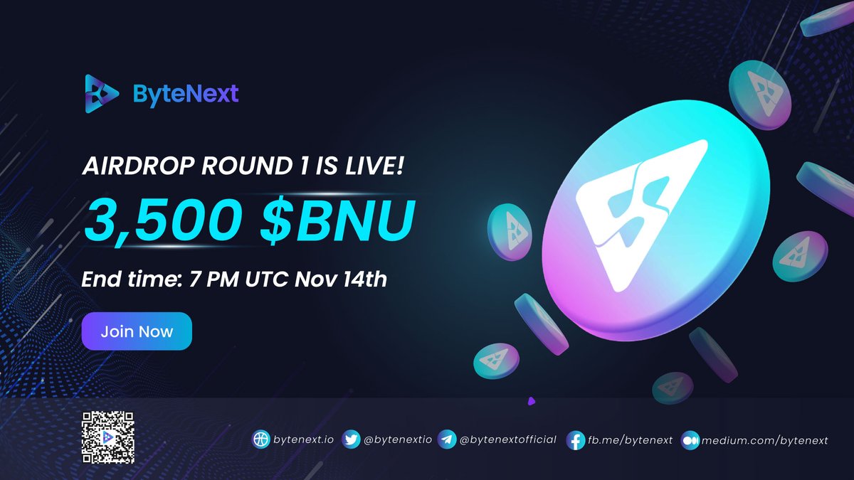 Bytenextio's tweet photo. 🔥 #ByteNext 𝗔𝗶𝗿𝗱𝗿𝗼𝗽 - Round 1🔥 
We are giving out 3,500 $BNU (~$500) for this airdrop.

To participate: https://t.co/MhqnaDWHWD  

Ends at 7pm UTC November 14th.

50 lucky people with the most points will get our rewards. 
#Airdrop #metaverse https://t.co/rzVG77VN4J