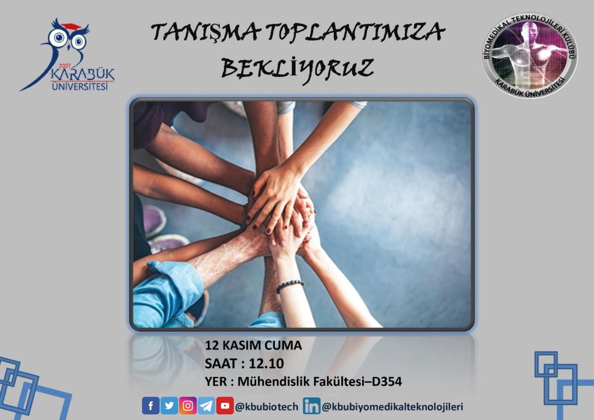 kbubiotech's tweet photo. KBÜ Biyomedikal Teknolojileri Kulübümüz tarafından 12 Kasım 2021 Cuma günü saat 12:10'da Mühendislik Fakültesi Binasındaki 354 numaralı derslikte tanışma toplantısı yapılacaktır.
Tüm üyelerimizi bekleriz. https://t.co/Rj4RZPrfyC