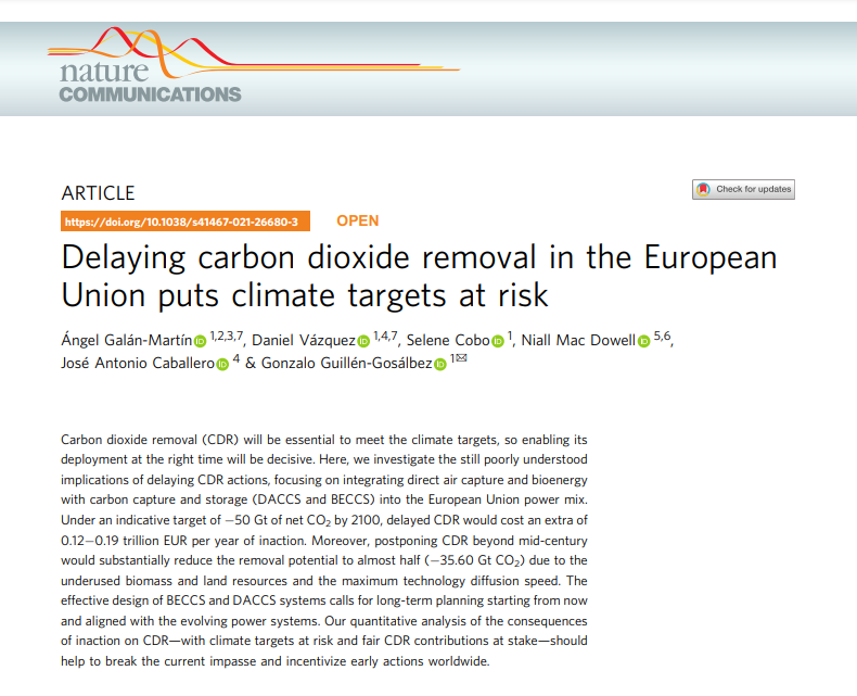 Unless carbon dioxide removal (CDR) starts soon, climate goals will slip out of reach while increasing the mitigation costs. Glad to see our <a href="/NatureComms/">Nature Communications</a> article on the risks of procrastinating on CDR. <a href="/guillengosalbez/">Gonzalo Guillén</a> <a href="/Niallmacdowell/">Niall</a> <a href="/ujaen/">Universidad de Jaén</a> <a href="/ETH/">ETH Zürich</a> 
See here rdcu.be/cBdsC