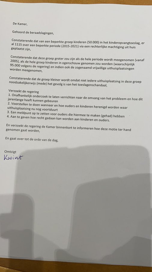 PieterOmtzigt's tweet image. Motie unaniem aangenomen (eerst was regering tegen, daarna voor)
Er komt een onafhankelijk onderzoek naar de uithuisplaatsingen en het kinderopvangtoeslagschandaal