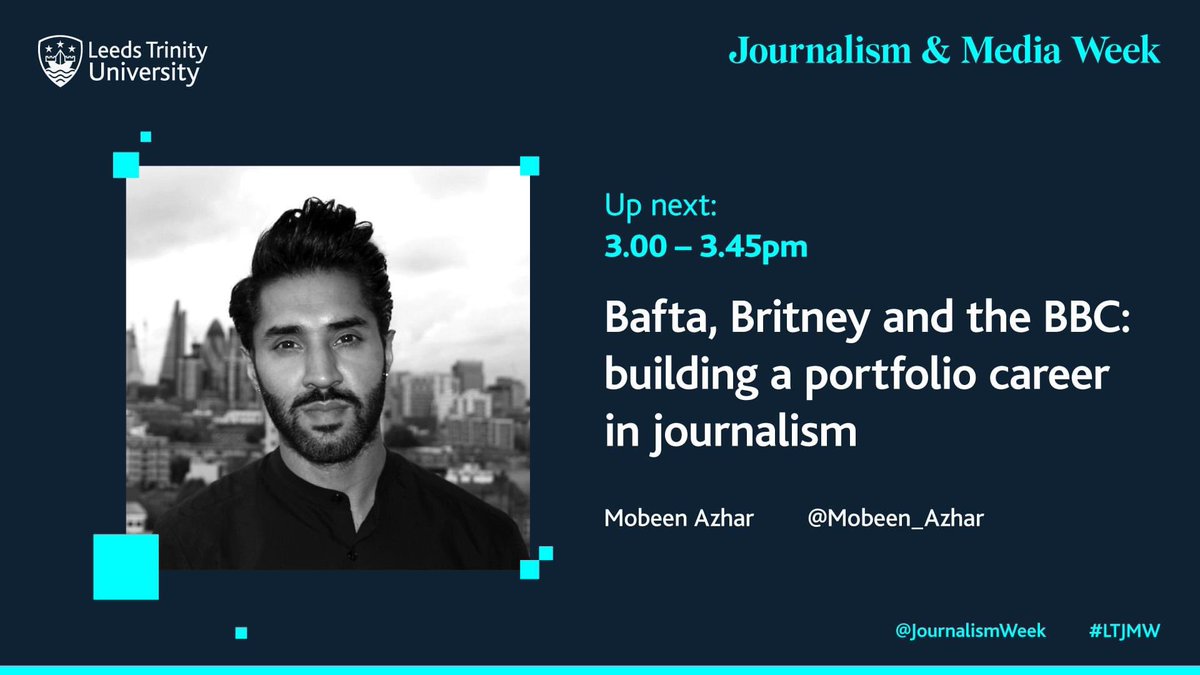 With #LTJMW coming to an end, for our last session we welcome BAFTA award winning <a href="/Mobeen_Azhar/">Mobeen Azhar</a>. This session will give an exclusive insight into the the BBC, his new Britney Spears documentary and how to build your journalism portfolio.
<a href="/JournalismWeek/">Journalism and Media Week</a>