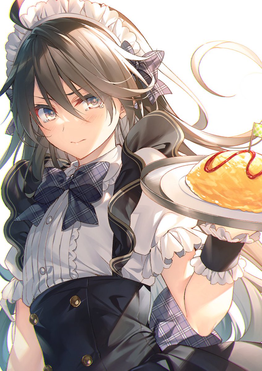 omelet solo long hair food maid headdress omurice plaid bow  illustration images