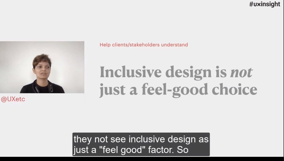anous's tweet photo. The benchmark we all should aspire says @UXetc: practice inclusive design and research always! Ask around, create your resources and spread awareness push for/nudge quick wins, and start internally Great talk! @UXinsight_org #Uxinsight #UserResearch #InclusiveDesign https://t.co/gjtCEc2FvB