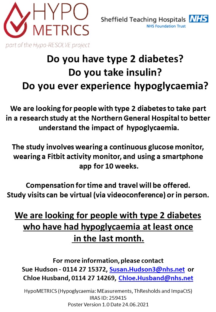Interested in participating in research? We are looking for people with type 2 diabetes who have had hypoglycaemia at least once in the last month. More information, including how to contact the study team below 👇