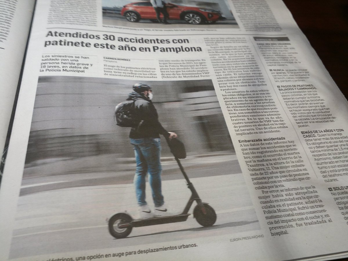 Medio de transporte en auge, no exento de accidentes. No obstante, 1 herido grave y la mitad de accidentes en conflicto con coches. 2 atropellos a peatones.Cifras de cualquier semana en <a href="/Pamplona_ayto/">Ayuntamiento de Pamplona</a> con los coches,pero de un año completo en vmp. Está claro dónde está el peligro