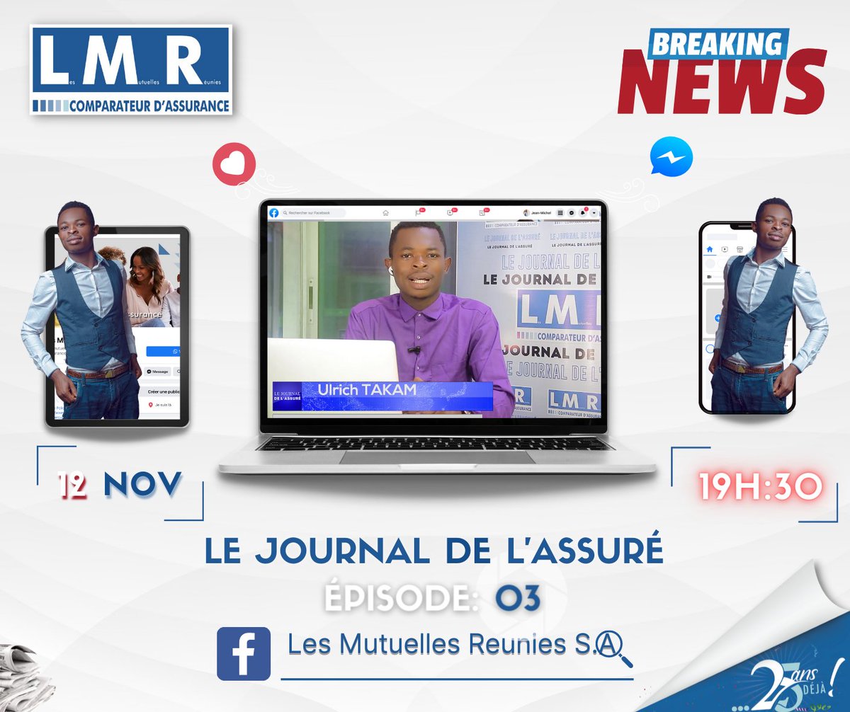 Ne manquez pas votre rendez-vous hebdomadaire !
Le journal de l'assuré, ce vendredi à 19H30. 
Avec votre Reporter Ulrich Takam
facebook.com/lesmutuellesre…
#Assurance #LMR #Cameroun #TAKAM #journal