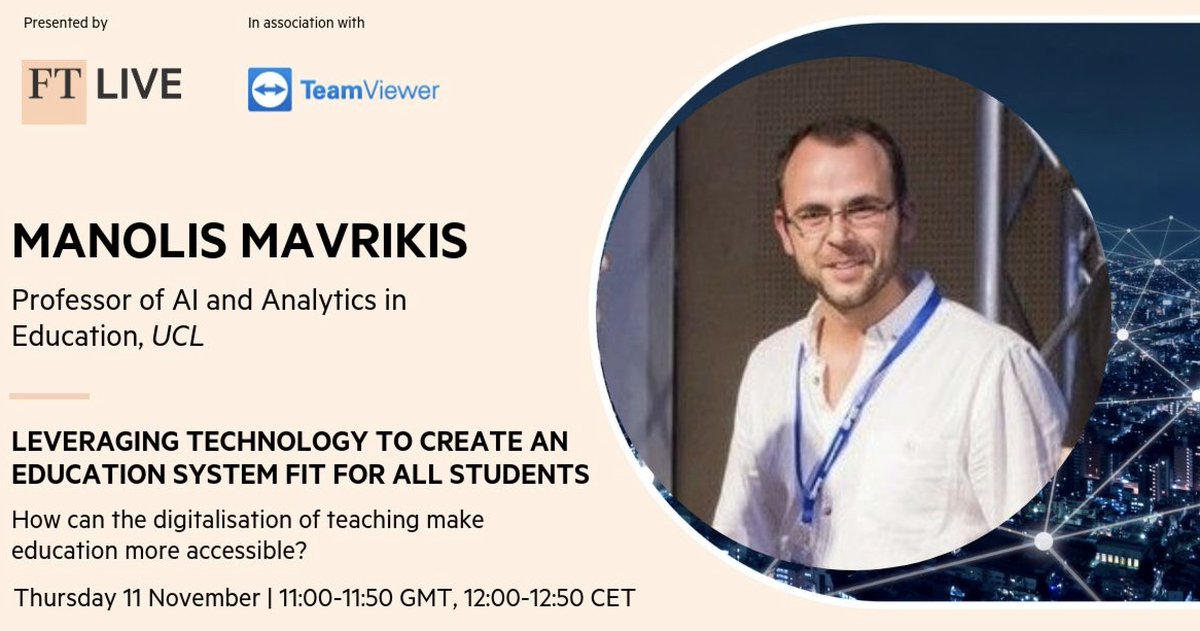 Prof Manolis Mavrikis (@mavrikis) on Twitter photo Coming up at 11:00 today. Join the conversation around creating a more effective, accessible system for all students through digitalising education at this free online conference by <a href="/ftlive/">Financial Times Live</a> in partnership with <a href="/TeamViewer/">TeamViewer</a> There is still time to register: on.ft.com/3bHUspc Coming up at 11:00 today. Join the conversation around creating a more effective, accessible system for all students through digitalising education at this free online conference by <a href="/ftlive/">Financial Times Live</a> in partnership with <a href="/TeamViewer/">TeamViewer</a> There is still time to register: on.ft.com/3bHUspc